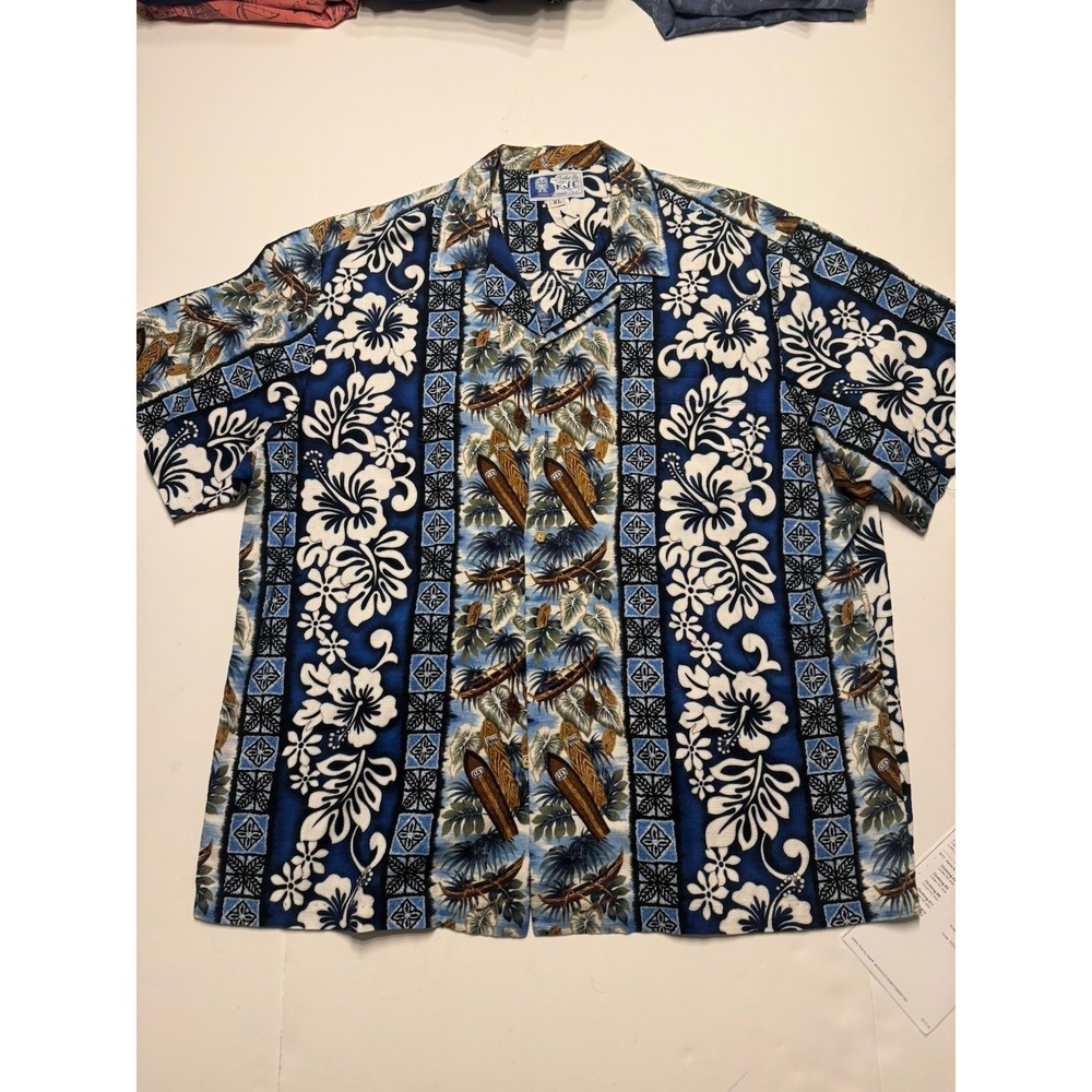 VTG Styled by RJC Shirt Mens XL Blue‎ Brown Surf Aloha Hawaiian Beach Camp 80s